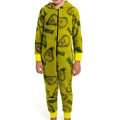 Afbeelding van The Grinch Jumpsuit met capuchon voor jongens en meisjes, overall pyjama kinderen, lange mouwen, Groen (DE/NL/SE/PL, digitaal, 110, 116, normaal, groen),