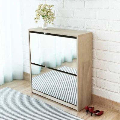 Afbeelding van Schoenenkast tweelaags met spiegel 63x17x67 cm eiken