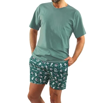 Afbeelding van Sesto Senso Pyjama voor heren, kort, katoen, T shirt, shorts, korte mouwen, zomer, shirt Groen; Shorts Voetbal Groen