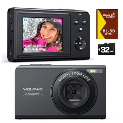 Afbeelding van WOLFANG digitale camera, 2,7 K kindercamera voor fotografie, compacte 50 MP vlogging 16 x zoom, camera met autofocus en