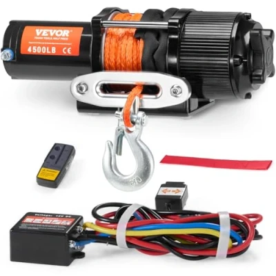 Afbeelding van VEVOR Elektrische lier 2041 kg 12 V DC voor terreinvoertuigen/UTV, motorlier met strengen synthetisch touw (diameter 0,6 x 1188,7 cm), aluminium kabelgeleiding, afstandsbedieningen, IP55