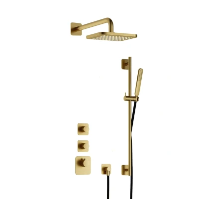 Afbeelding van Hotbath Gal Regendoucheset IBS40 Geborsteld Messing PVD Staaf Handdouche 22cm Hoofddouche Wandarm met glijstang