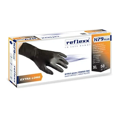 Afbeelding van Reflexx N79p/M Extra lang, 30 cm, poedervrij, nitril handschoenen Gr7,7, medium, zwart (50 stuks)
