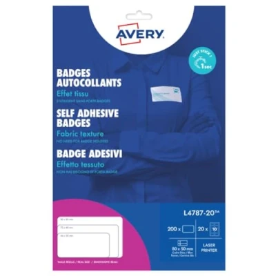 Afbeelding van Avery L4787 20 zelfklevende badge ft 80 x 50 mm, doos van 200 stuks, wit/blauw