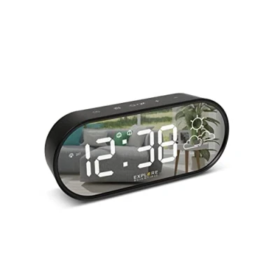 Afbeelding van Explore Scientific RDC2002 Klok met spiegel voor, tijd, binnentemperatuur, weersvoorspellingssymbolen, dubbele wekker, 3 helderheidsniveaus, soft touch bediening, USB aansluiting, zwart