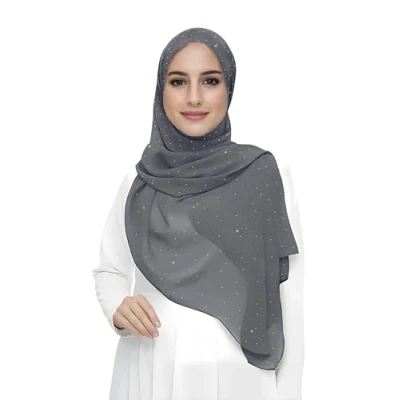 Afbeelding van Lina &amp; Lily Hijab sjaal van chiffon met goudkleurige pailletten, grijs.