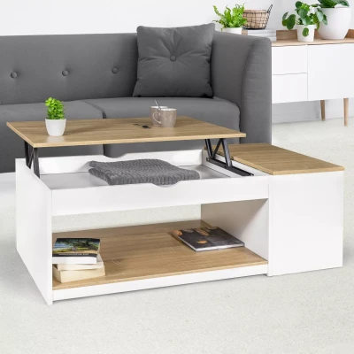 Image de Table basse plateau relevable ELEA avec coffre bois blanc et façon hêtre