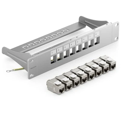 Afbeelding van deleyCON Kit met 8 poorten, modulair patchpaneel, 1 U, 10 inch, rack installatie + x Keystone RJ45 CAT6a modules, compatibel LAN kabel, CAT5, CAT6, CAT7, installatiekabel, grijs
