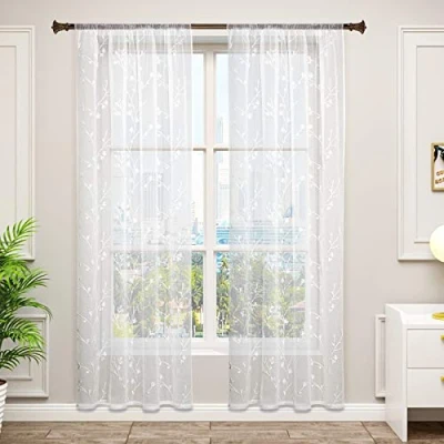 Afbeelding van WOLTU 2 stuks vitragegordijnen, binnenhuisdecoratie met halfdoorschijnend linnen, borduurwerk bloemen, linten, VH6056ws 2, 140 x 225 cm, wit
