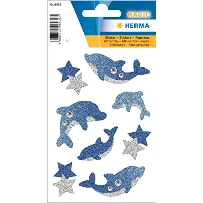 Afbeelding van HERMA 6436 Diamond Glittery Dolfijnstickers (8 stickers, glitterfolie) permanente stickers met stermotief voor meisjes en jongens, meerkleurig