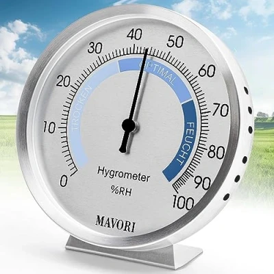 Afbeelding van MAVORI® Analoge hygrometer voor binnenshuis: vochtmeter van roestvrij staal een betrouwbaar binnenklimaat (Ø 9,5 cm)