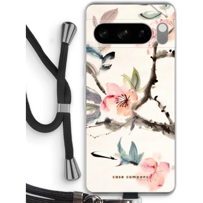 Afbeelding van Case Company® hoesje met Koord geschikt voor Google Pixel 8 Pro Japanse bloemen Telefoonhoesje Zwart Bescherming aan alle Kanten en Over de Schermrand