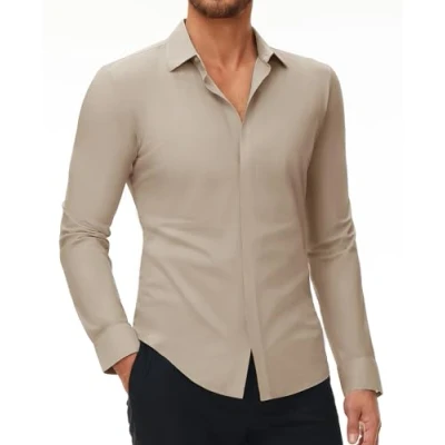 Afbeelding van DEMEANOR Stretch overhemd met lange mouwen voor heren, slim fit, kreukvrij, vrijetijdshemd Khaki (stad)