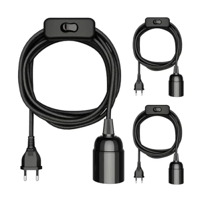 Afbeelding van ledscom.de 3 stuks LEHA textielkabel, stekker, schakelaar, zwart, m, lampfitting, 1 x E27 max. 60 W