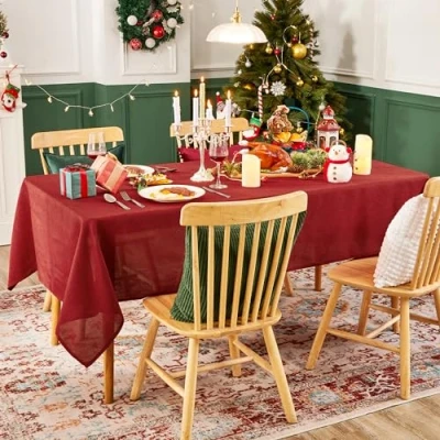 Afbeelding van Deconovo Tafelkleed, vierkant, vlekwerend, polyester, linnenlook, voor Kerstmis, 150 x cm, rood