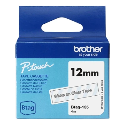 Image de Ruban d&#039;étiquette Brother BTAG 135 Blanc sur transparent pour P touch PT N10 N20 et N25BT