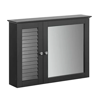 Afbeelding van SoBuy BZR55 DG Wandkast met spiegel en lamellendeur, donkergrijs, ca. 65 x 49 15 cm