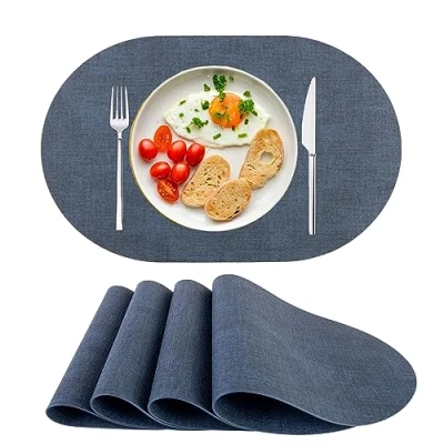 Afbeelding van Set van 4 ovale placemats kunstleer, wasbaar, hittebestendig, voor eetkamer, keuken, donkerblauw