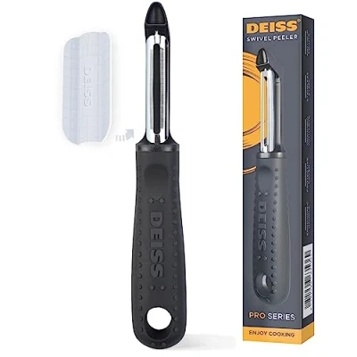 Afbeelding van Deiss PRO Hoogwaardige draaibare groenteschiller van roestvrij staal, scherp met antislip handgreep, aardappeldunschiller voor keuken, fruit, wortelen, appels, groenten (blauw)