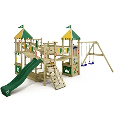 Afbeelding van WICKEY speeltoestel ridderkasteel Smart Queen met schommel, groen geel zeil &amp; groene glijbaan, outdoor kinderklimtoren zandbak, ladder speelaccessoires voor de tuin