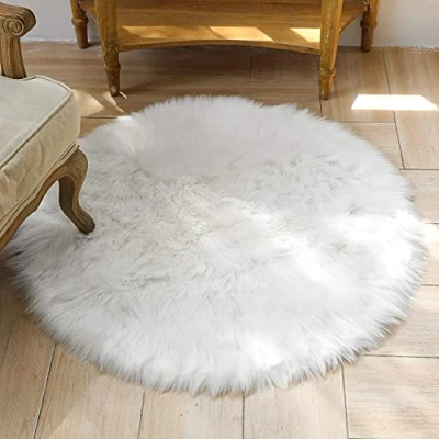 Afbeelding van HEQUN Kunstbont schapenvacht tapijt, rond, stoelovertrek, zitkussen, hoogpolig, zacht, pluizig tapijt voor slaapkamer, zetel, vloer (wit, 60 x cm)