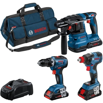 Afbeelding van BOSCH 0615A5003B 18V accu machineset GSR GDX GBH 3 delig in gereedschapstas (3x 4,0Ah ProCORE + lader)