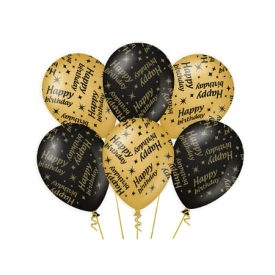 Afbeelding van Ballonnen Happy Birthday goud zwart 6 stuks