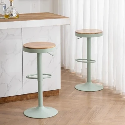 Afbeelding van YOUNIKE Barkruk van hout, 2 stuks, in hoogte verstelbaar, draaibaar, met voetensteun, voor bar, keuken, groen