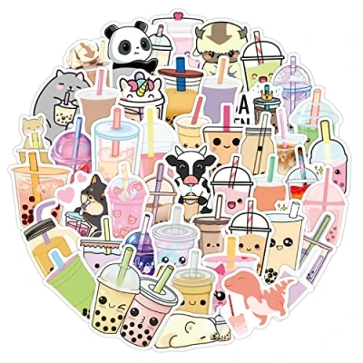 Afbeelding van 100 stuks bubble tea stickers, waterdicht en schattig zelfklevend papier, cartoondierenstickers, gebruikt in albums, notitieboeken, dagboeken, doe het zelf handwerk