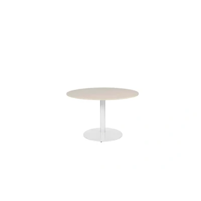 Afbeelding van Linesto 120cm ronde vergadertafel op vaste hoogte (74cm) met lindberg (licht) eiken 25mm blad en witte (RAL9010) trompetvoet