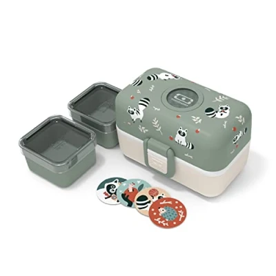 Afbeelding van MONBENTO MB Tresor Green Raccoon lunchbox voor kinderen, en/of snackbox met 3 vakken, ideaal school/park, BPA vrij, duurzaam en veilig, groen