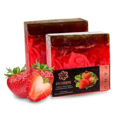 Afbeelding van Panu Aardbeienzeep, veganistische douchezeep voor alle huidtypes, natuurlijke zeep als vaste douchegel en shampoo, hoogwaardige zeepstang, douchespelden