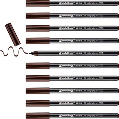 Afbeelding van edding 1255 kalligrafie viltstift donkerbruin 10 pennen 2 mm punt voor papier, hout, terracotta, canvas beginners, belettering, bullet journals, wenskaarten, agenda&#039;s