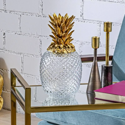 Afbeelding van KARE decoratieve doos Ananas, hoogte 31 cm, glas, helder, goud