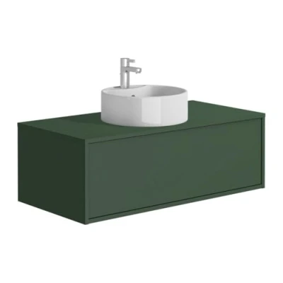 Afbeelding van Vente unique Mat groen hangend badkamermeubel met enkele ronde wastafel 94 cm TEANA II L x H 32 D 47