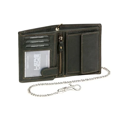 Afbeelding van LEAS MCL Biker Portemonnee voor dames en heren, met de ketting, chroom, vintage, staand formaat, RFID blokkering, echt leer, zwart, 10 x 12 cm, zwart.