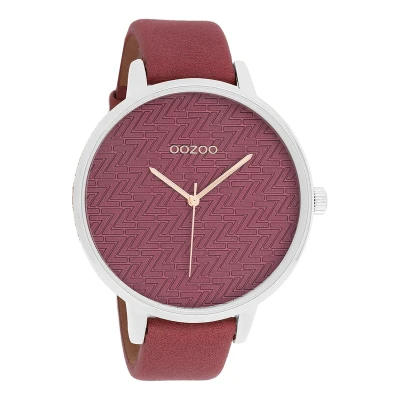Afbeelding van OOZOO Timepieces Zilverkleurige horloge met bordeaux rode leren band C10408