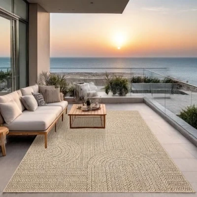 Afbeelding van Jute look vloerkleed voor binnen en buiten 200x290 cm Rechthoek Laagpolig natuurlijke tuin, balkon, terras of indoor kleed buitentapijt tuintapijt KANSAS by The Carpet