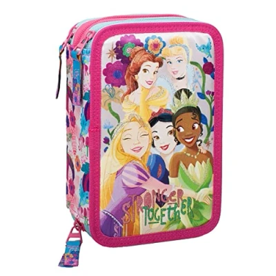 Afbeelding van L&#039;ERBAVOGLIO Origineel etui met 3 ritssluiting en 44 delen, Disney Princess (lichtblauw/roze), Pennenhouder voor kinderen