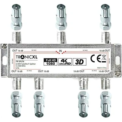 Afbeelding van TronicXL 6x BK Premium verdeler inclusief F connector TV kabel stekker adapter antenneverdeler kabeltelevisie DVBC geschikt voor Unitymedia Splitter