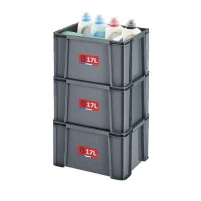 Afbeelding van SUNDIS Master Box, set van 3 opbergbakken, 17 l, gerecycleerde kunststof, robuust en versterkt, rechte wanden, stapelbaar combineerbaar, ideaal voor werkplaats, doe het zelf of transport