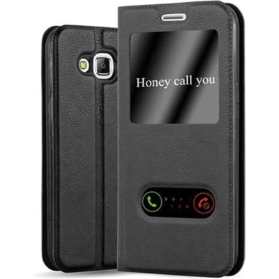 Afbeelding van Cadorabo Hoesje geschikt voor Samsung Galaxy J5 2015 in KOMEET ZWART Beschermhoes met magnetische sluiting, standfunctie en 2 kijkvensters Book Case Cover Etui