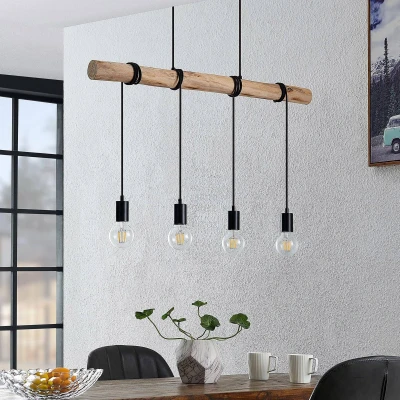 Afbeelding van Lindby Hanglamp 4lichts eucalyptushout, staal E27 hout licht, mat zwart