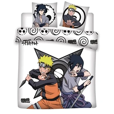Afbeelding van Aymax Naruto en Sasuke Beddengoedset voor tweepersoonsbed, dekbedovertrek 240 x 220 cm + 2 kussenslopen, 100% microvezel