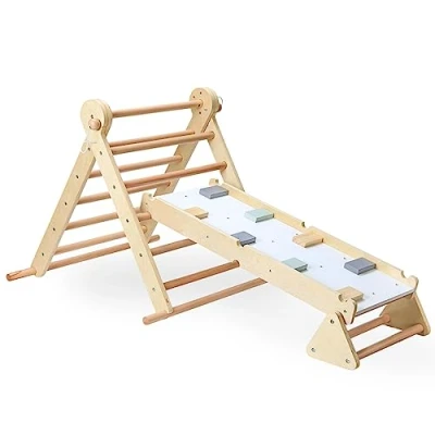 Afbeelding van Mamabrum Houten Klimrek Binnen Speeltuin 2in1 Rocker, Ladder en Klimmuur, 9 Sporten, Dubbelzijdige Board, Klimladder
