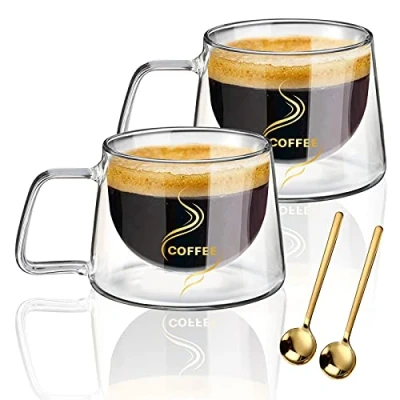 Afbeelding van KAMEUN Latte Macchiato glazen set van 2 x 200 ml, dubbelwandige met handvat borosilicaatglas, koffieglazen koffielepels, espresso voor espresso, thee, latte, cola cappuccino drankje