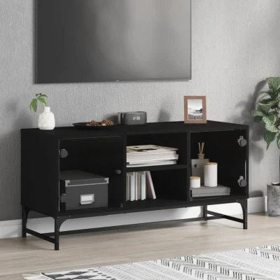 Afbeelding van Tv meubel met glazen deuren 102x37x50 cm zwart