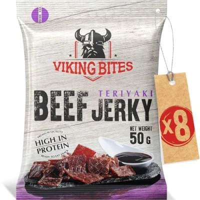 Afbeelding van Viking Bites Beef Jerky Teriyaki 400g (8 x 50g) Getrocknetes Rindfleisch Fleischsnack mit hohem Proteingehalt