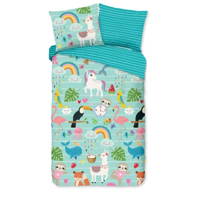 Afbeelding van Good Morning Ledikant babydekbedovertrek &quot;dieren en regenbogen&quot; Aqua (100x135 cm) Katoen