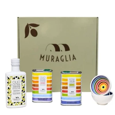 Afbeelding van Frantoio Muraglia Proeverij geschenkdoos met extra vierge olijfolie 5 artikelen intense, middelgrote en ontpitte fruitige essentie de hand gemaakt gedecoreerd door onze ambachtslieden